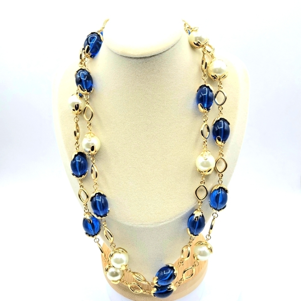 Retro Charter Club Goldtone and Blue Glass Beaded Necklace / Extended